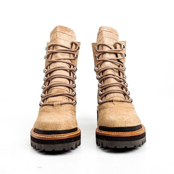 Marc Fisher Women Lizzie 2 Lace-up Platform Croc Beige Suede Combat Boots Sz 8.5 - Picture 2 of 8